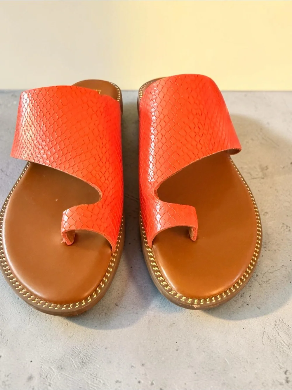 Franco Sarto Orange Watermelon Snake Embossed Toe Ring Slide Sandals Size 6M